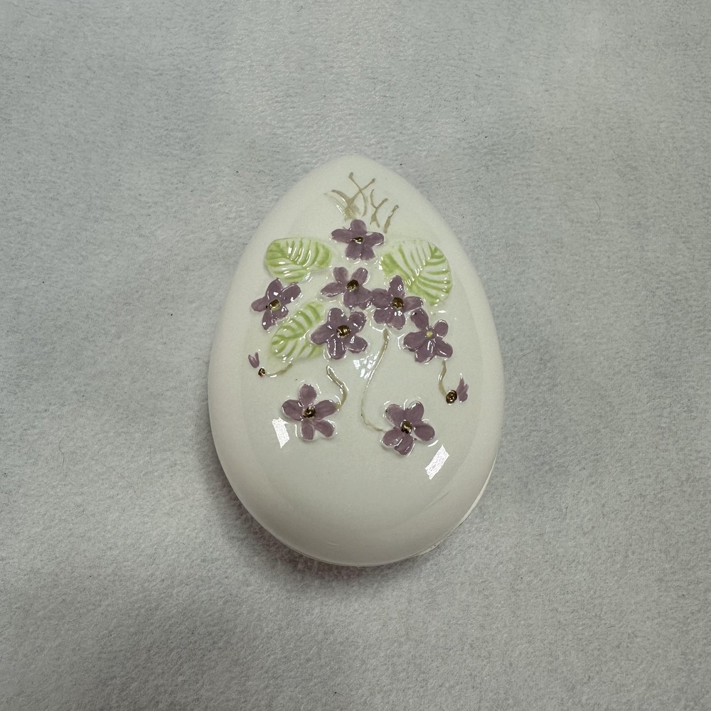 Vintage 1975 Bell Ceramics Egg Trinket Box Signed USA Floral Porcelain Pink Inte